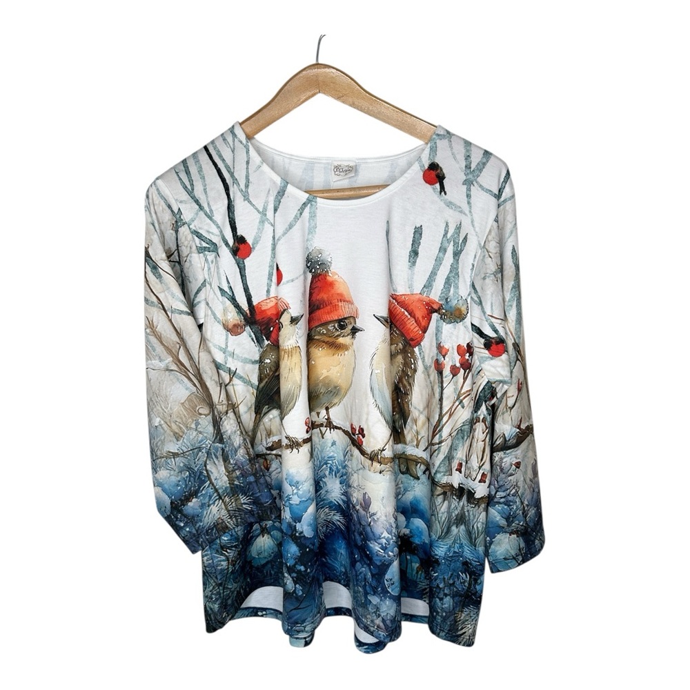 Et’ Lois Top Size 2X Cozy Winter Birds Woodland Print French Terry New